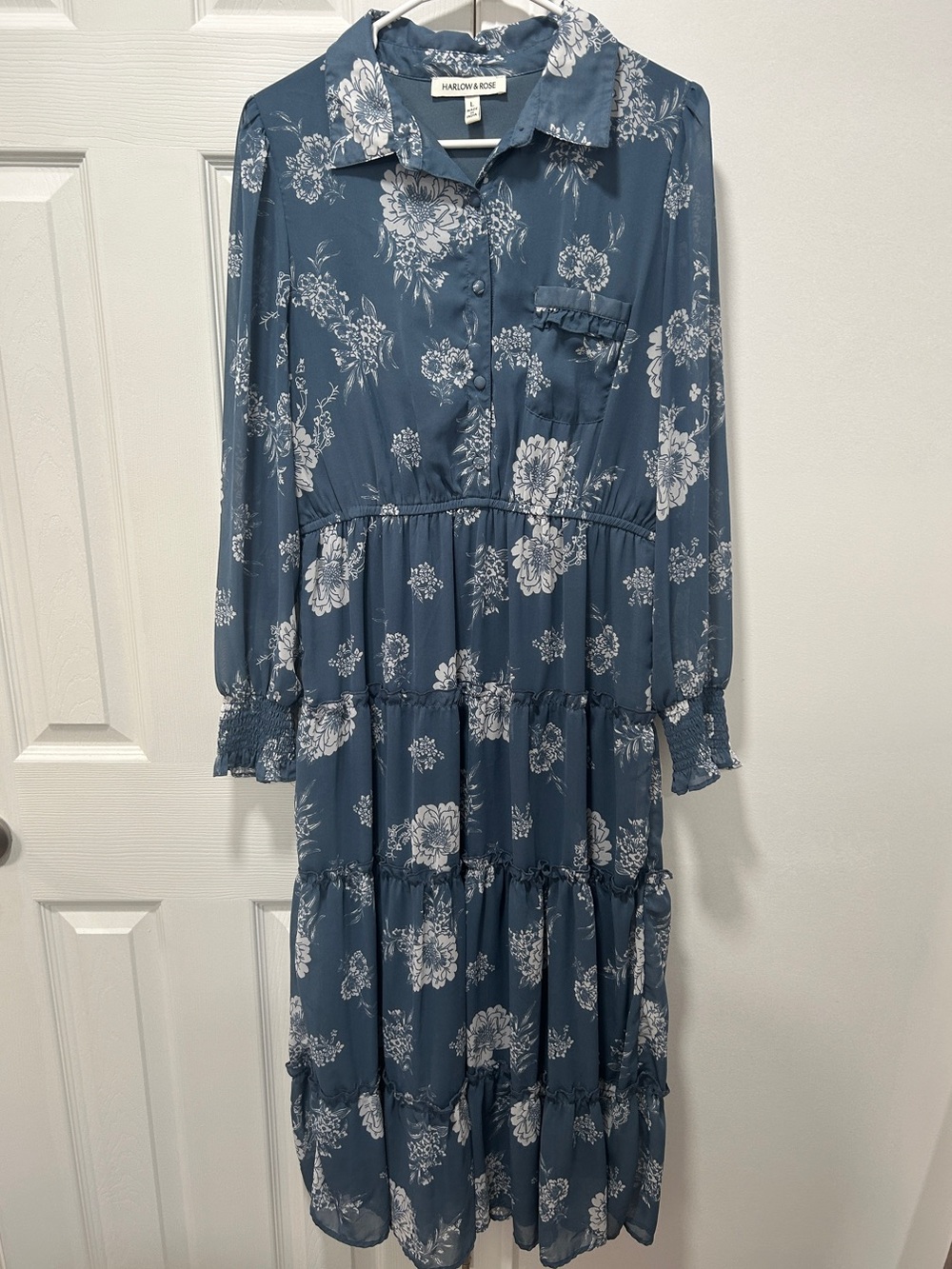 Harlow & Rose | Dusty Blue Floral Tiered Long-Sleeve Midi Dress